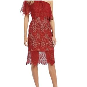 Dress the Population Lace One Shoulder Midi Dress Ruby Red